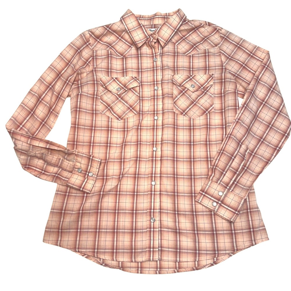 Wrangler Retro Womens Orange Plaid Western‎ Pearl Snap Cowgirl Rodeo Farmcore